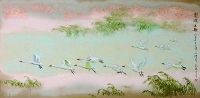 陳軍、傅長(zhǎng)敏合作作品：高溫色釉綜合裝飾瓷板《鄱湖之歌》